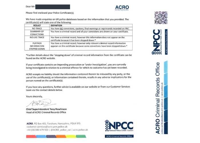 Screenshot of a mock ACRO Police Certificate, displaying personal information, photo, and criminal record check outcome.