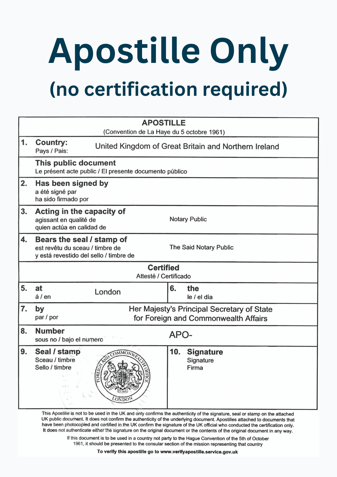 Apostille Only (no certification required)