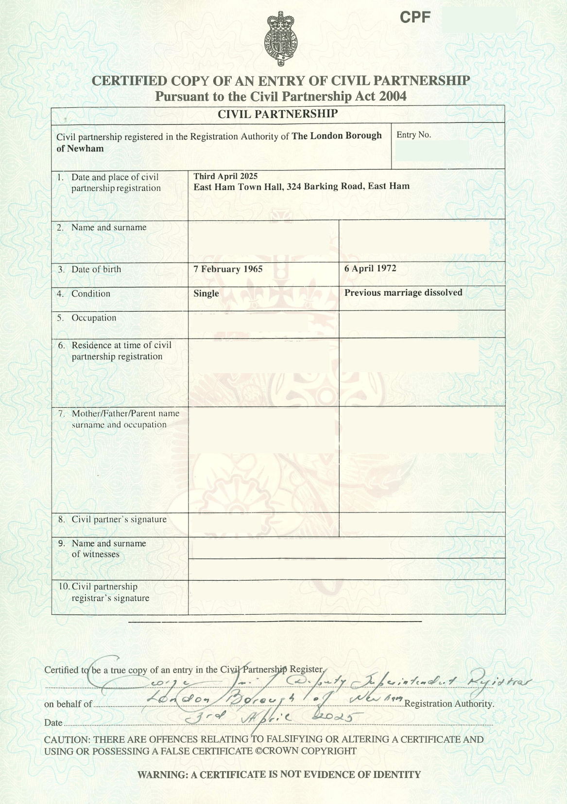 Apostille for Civil Partnership Certificate
