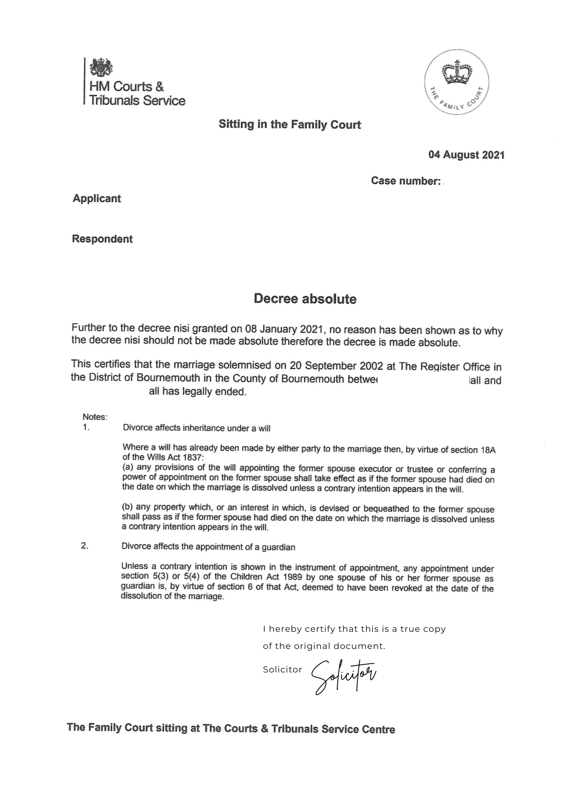Apostille for UK Court Document (example only)