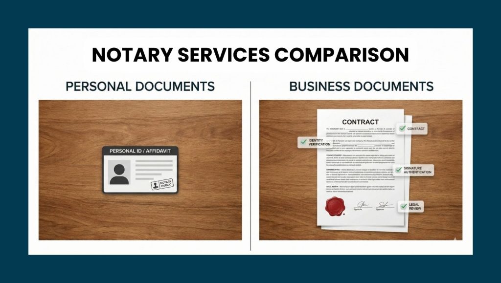 Comparison of personal and business documents affecting notary costs