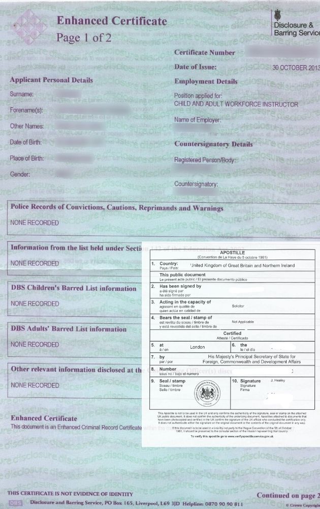 DBS enhanced certificate with Apostille Certificate